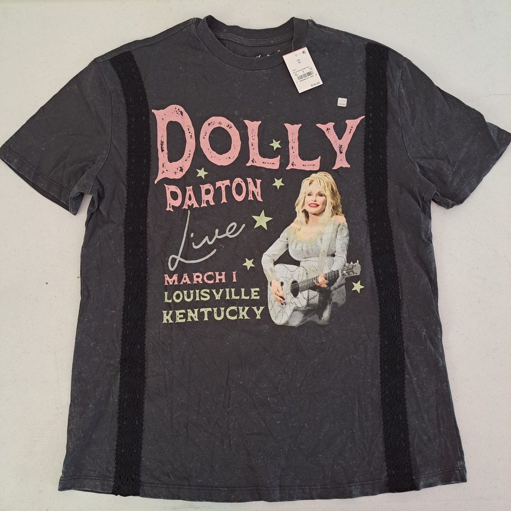 Dolly Parton Graphic T-Shirt Womens XS Charcoal NWT Lace Trim Tour 199592611906